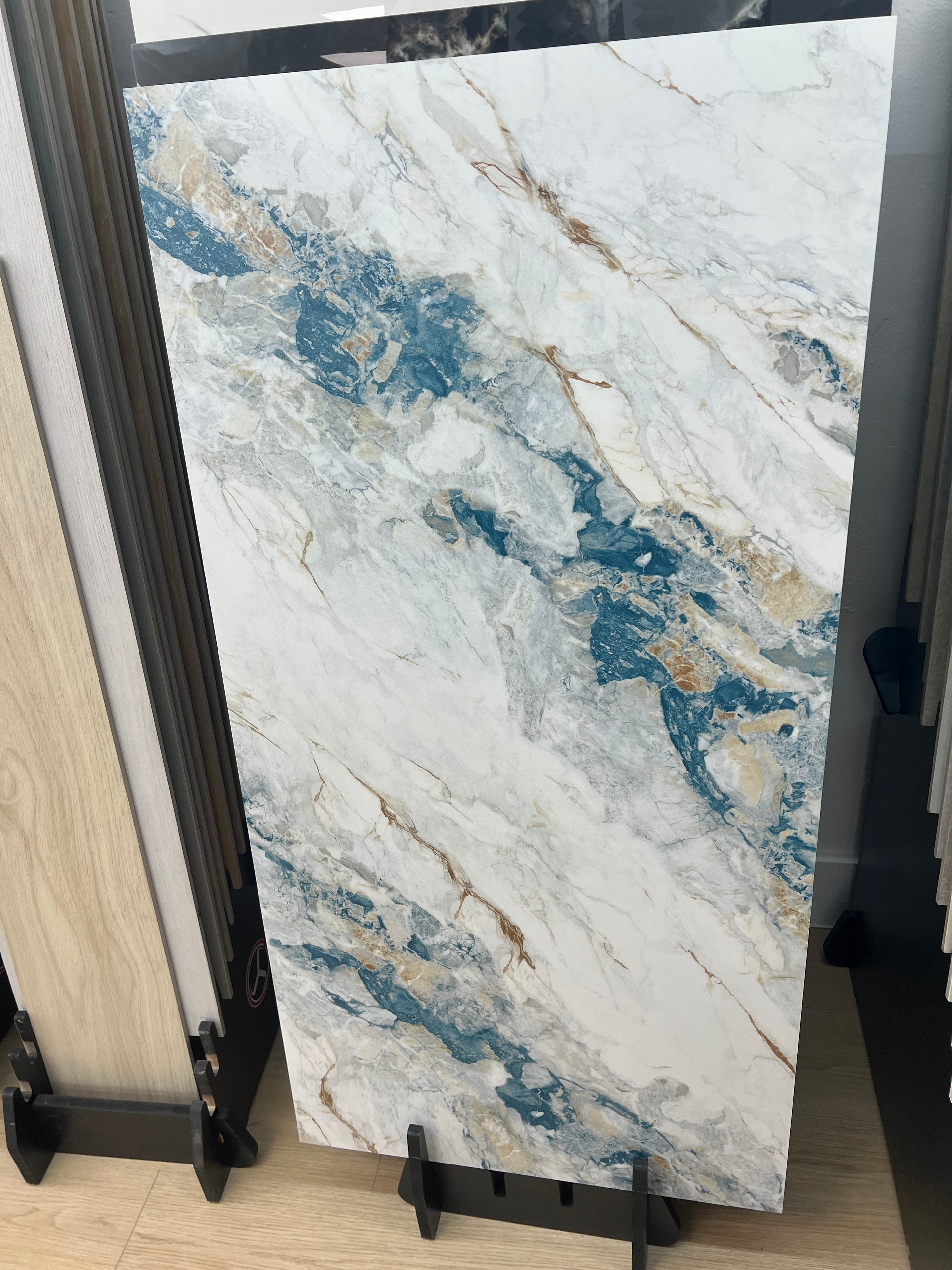 Marble-look porcelain tile samples