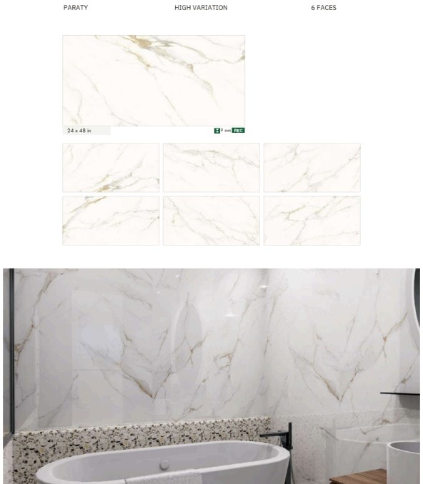 Statuario porcelain tile — 24×48 in, high variation, 6 faces